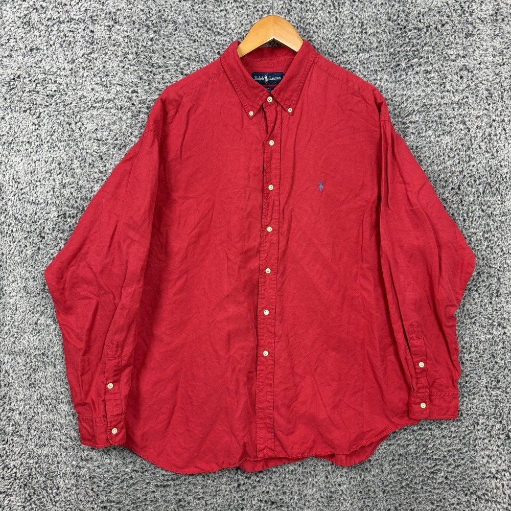 Ralph Lauren Shirt Mens 2XL Red Blake Silk Linen Button Down Long Sleeve Pony